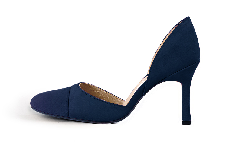 Navy blue women's open arch dress pumps. Round toe. Very high slim heel. Profile view - Florence KOOIJMAN